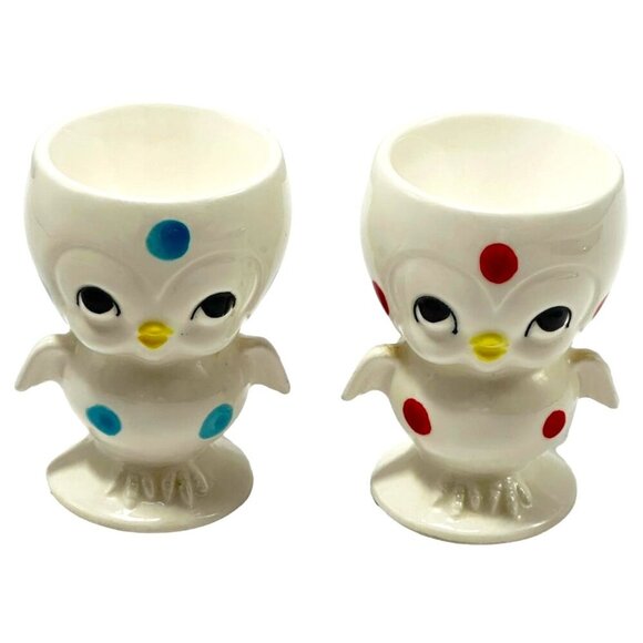 Chick Anthropomorphic Bird Egg Cup Polka Dot Lot 2 White Blue Red Vintage 60s - Picture 1 of 10